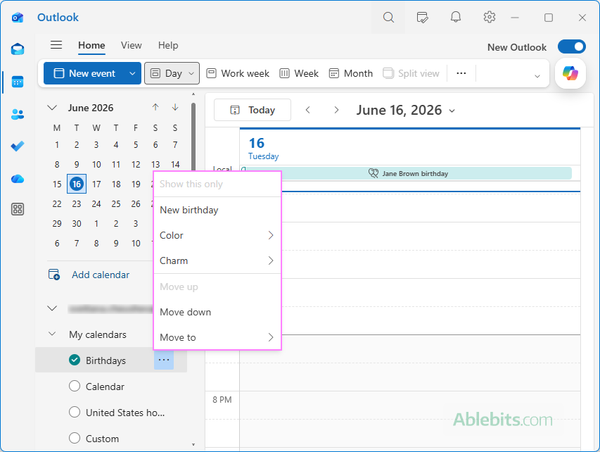 Customize the Birthday calendar in Outlook.