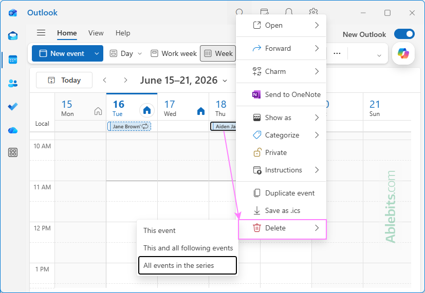 Delete a birthday from Outlook calendar.