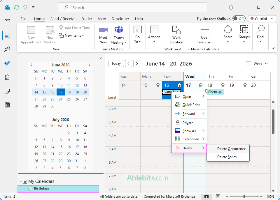Delete a birthday from Outlook 365.