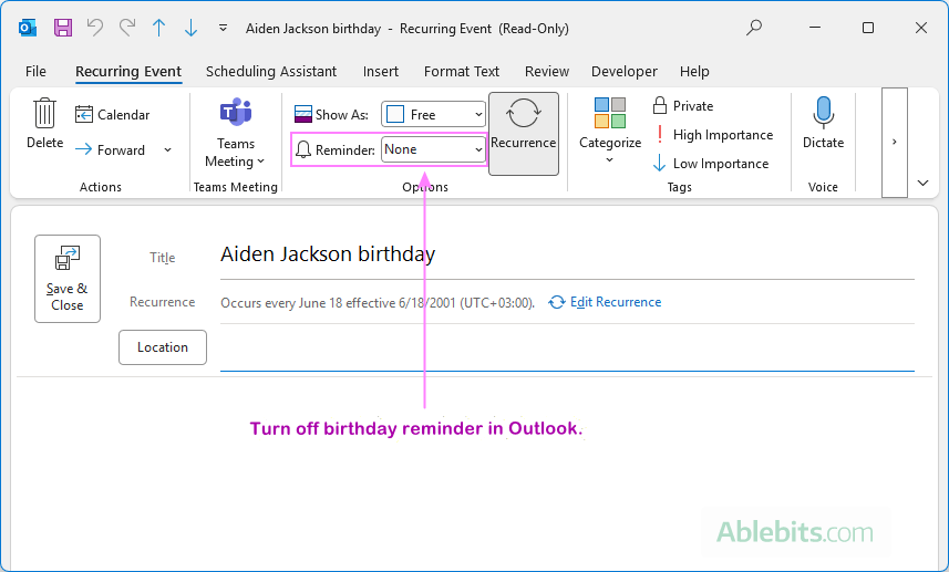 Turn off a birthday reminder in Outlook.