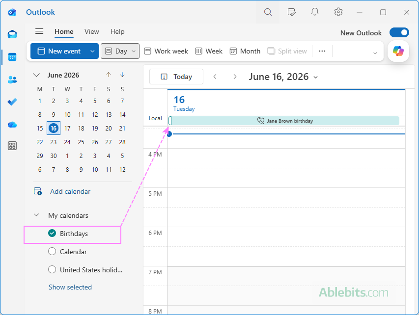 View birthdays in Outlook calendar.