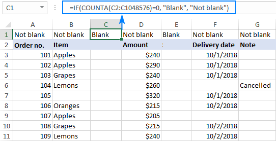 The formula indicates which columns are empty and which are not.