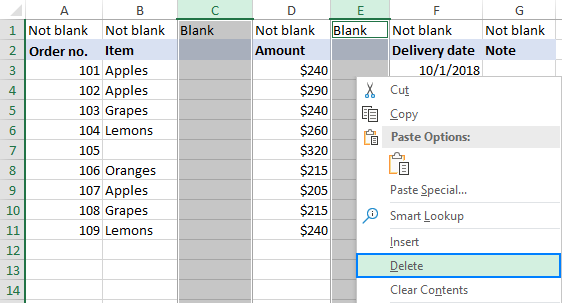 Xóa các cột trống trong Excel