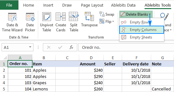 How to remove blank columns in Excel