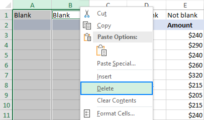 Remove blank columns in Excel.