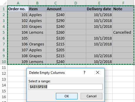 delete blank columns in excel 2016