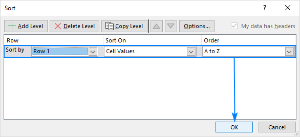 Sort columns by row 1 values.