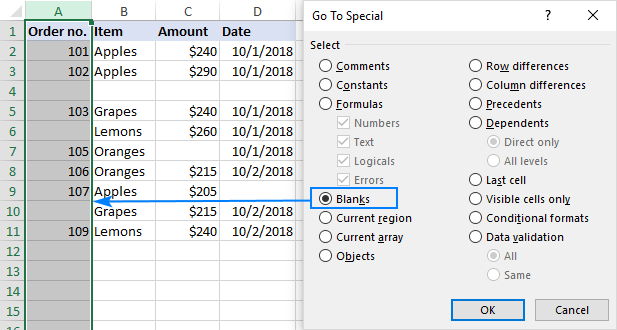 Selecting blank cells in the key column