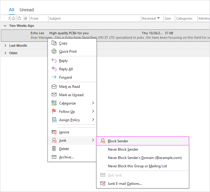 Block a specific sender in Outlook.