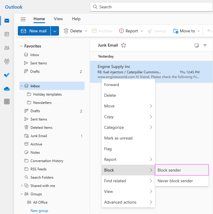 How to block and unblock email sender in Outlook