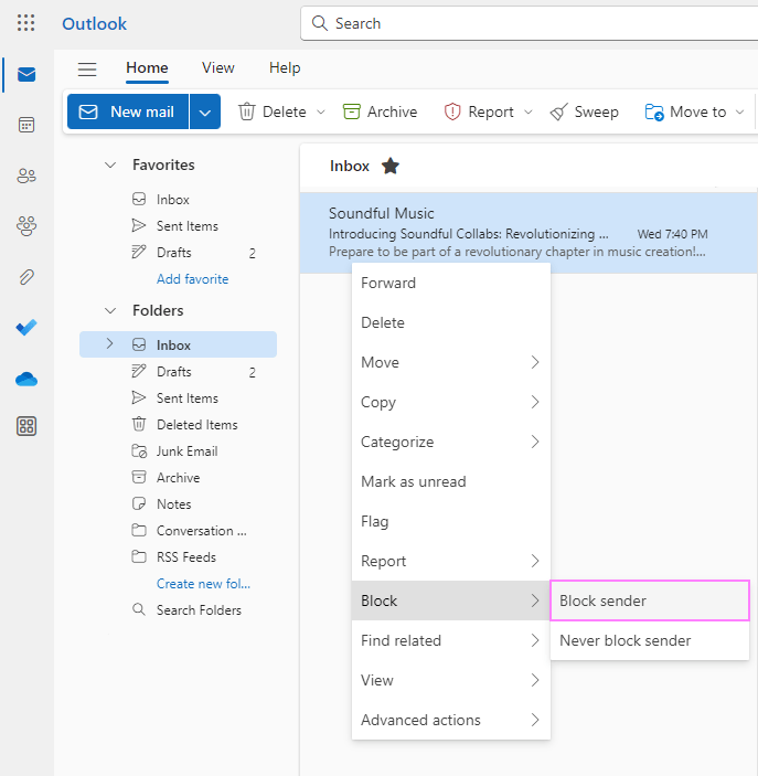 Blocking a sender in Outlook web app