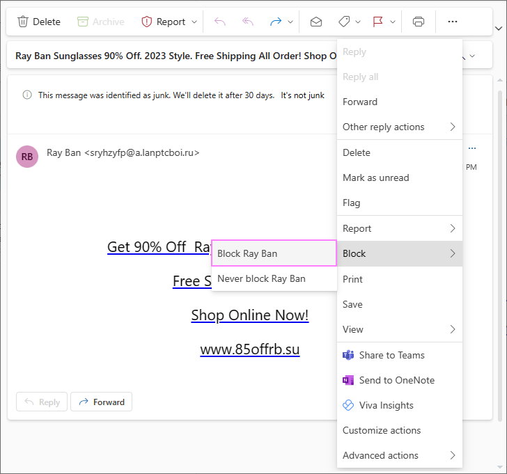Another way to block a specific sender in the new Outlook