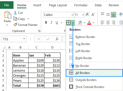 Use the All borders command to insert inside and outside cell borders at a time.