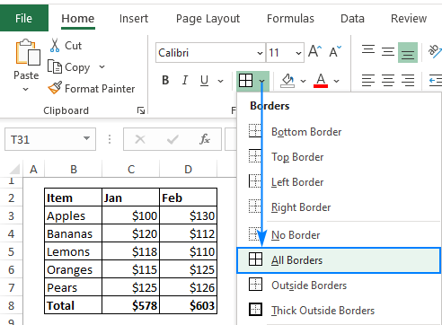 How to create border in Excel