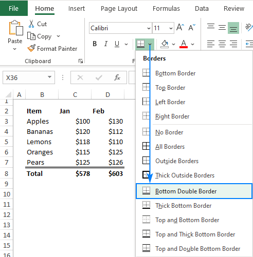 Placing a bottom double border in Excel
