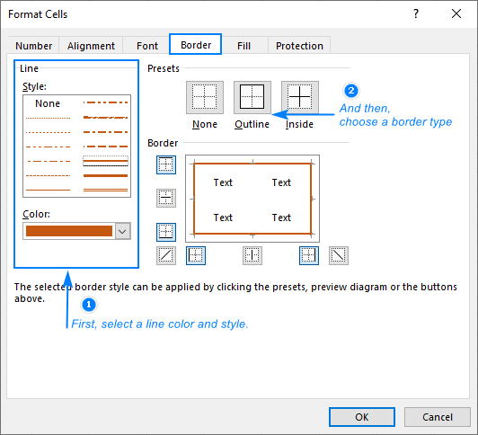 Insert a border in Excel via the Format Cells dialog