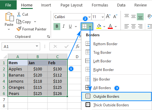 Creating a border in Excel