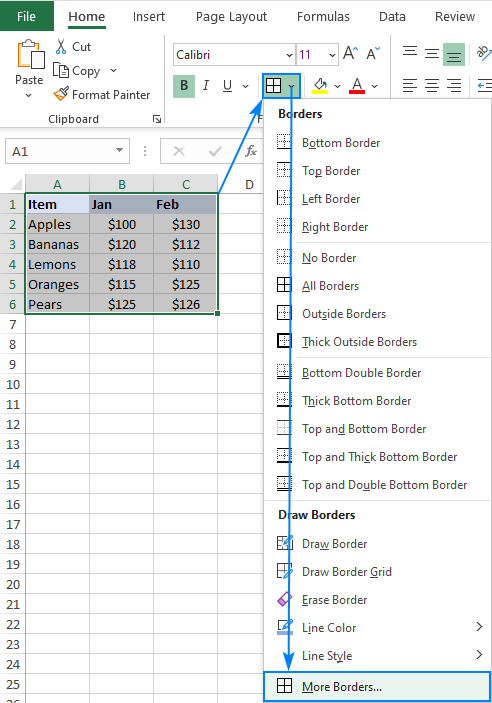 The More Borders option in Excel