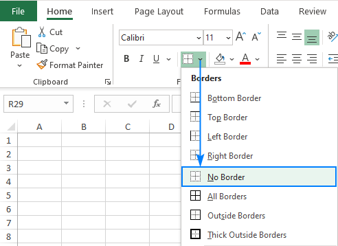 Remove cell borders in Excel.