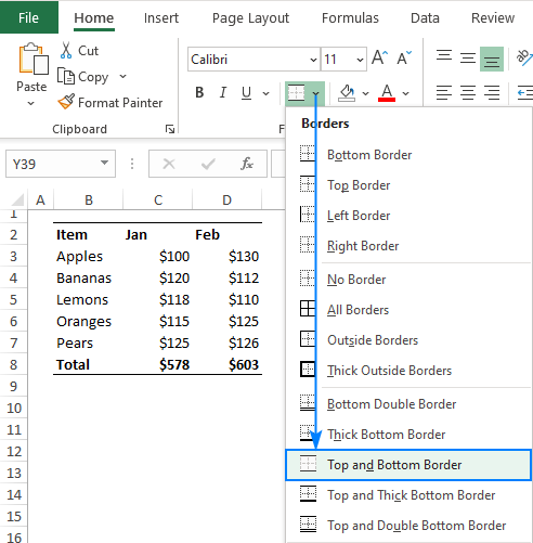 Apply top and bottom border in Excel with a single command