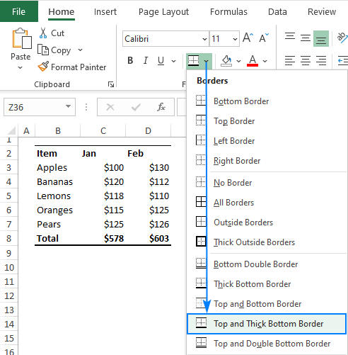 Apply thing top and thick bottom border in Excel.