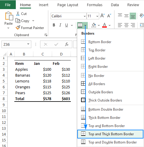 border drop down menu excel 2016