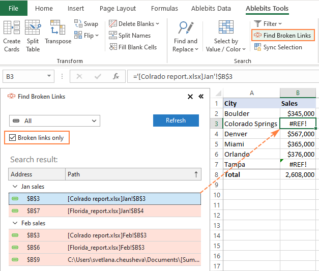 find broken links excel