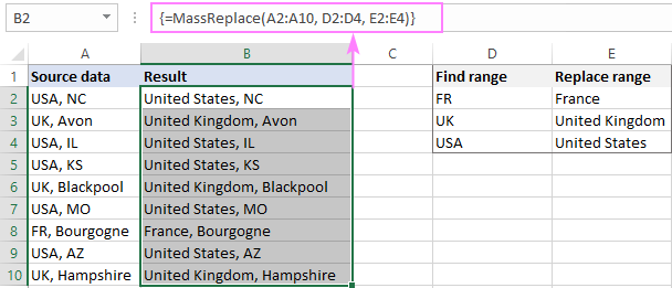MassReplace user-defined function in Excel 2019