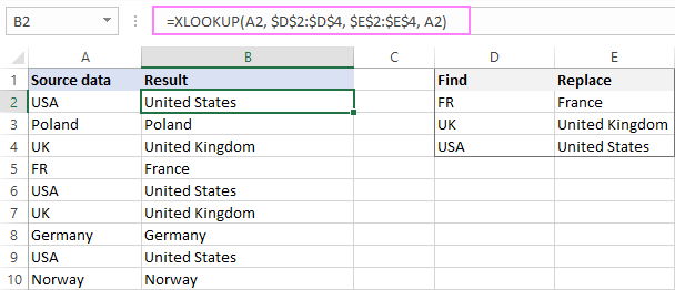 XLOOKUP formula to search and replace multiple words