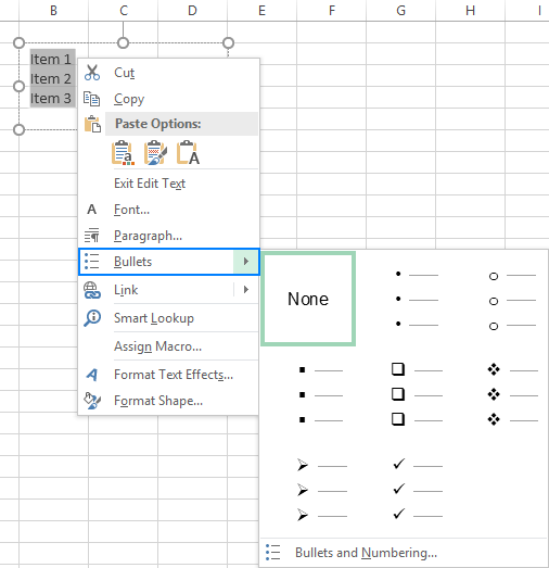 keyboard shortcut bullet point excel