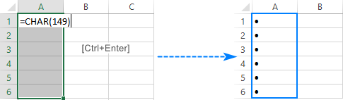 Add bullets to several cells at a time by using the CHAR function.