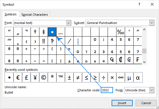 command for bullet point on google docs