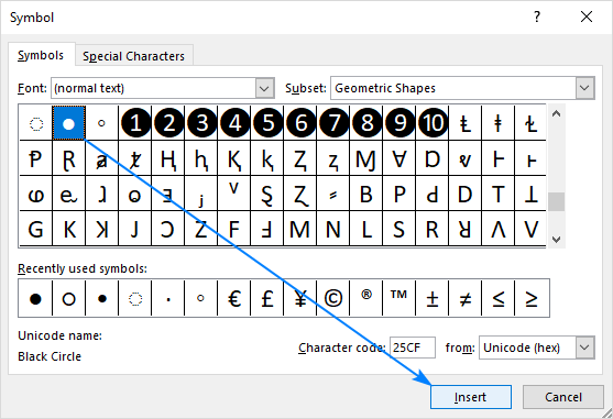 Adding bullet points in Excel using the Symbol menu