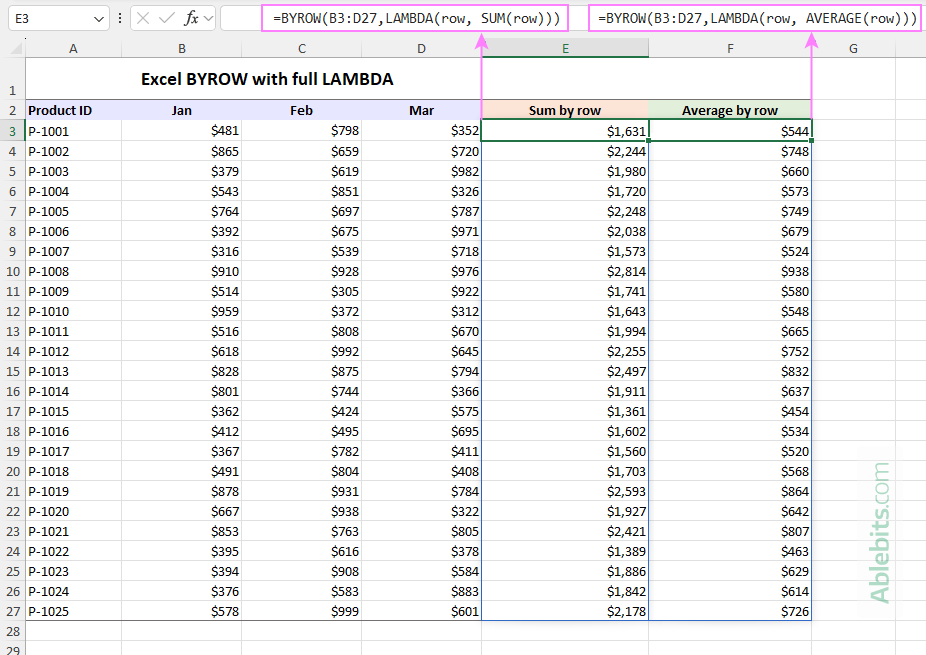 Using the BYROW function with explicit Lambda syntax