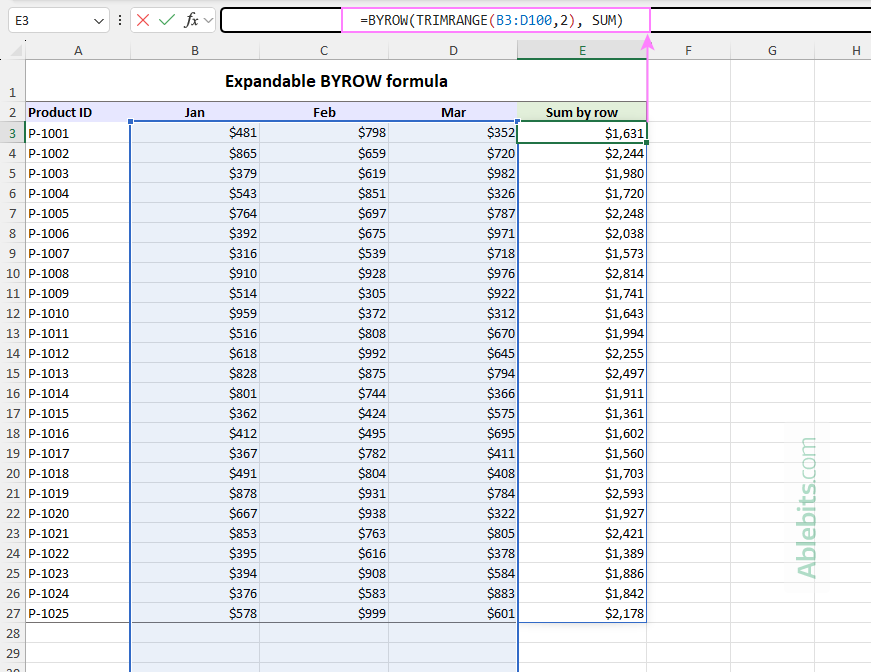 Make a BYROW formula expand automatically.
