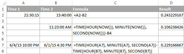 excel formula to subtract time