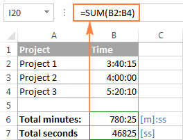Apply the custom time format to display total time as minutes and seconds, or seconds only.