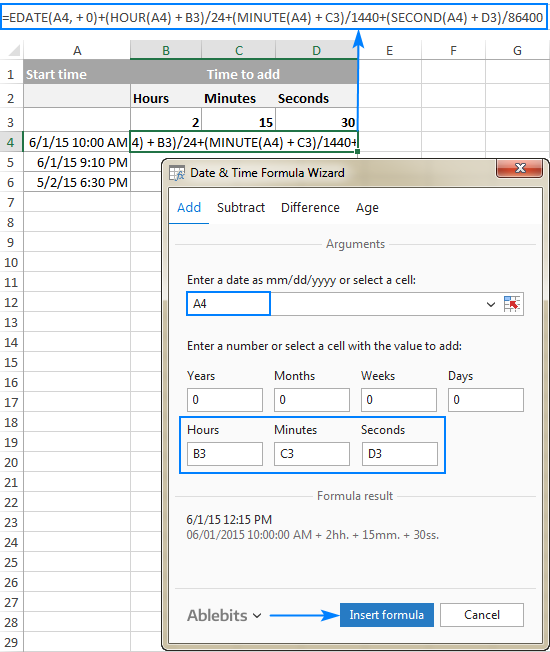 Add hours, minutes and seconds to the original time in Excel