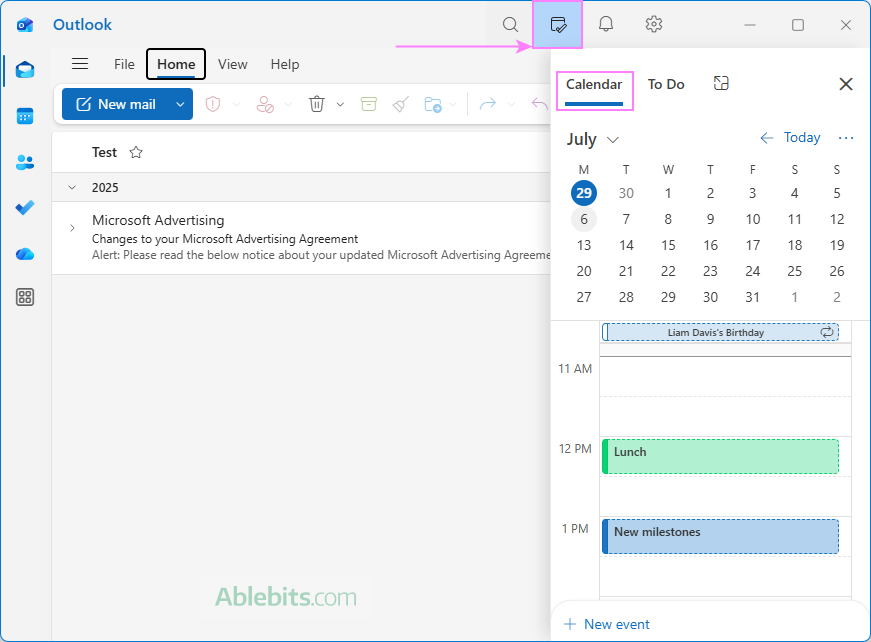 Add a calendar pane to an Outlook view to keep upcoming meetings visible.