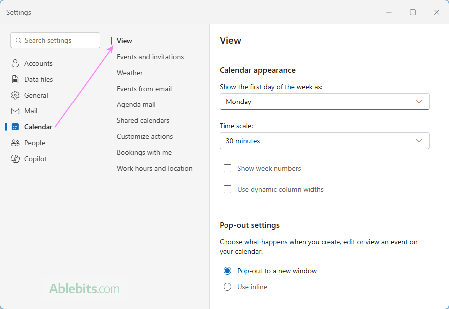 Customize the calendar view settings in the new Outlook.
