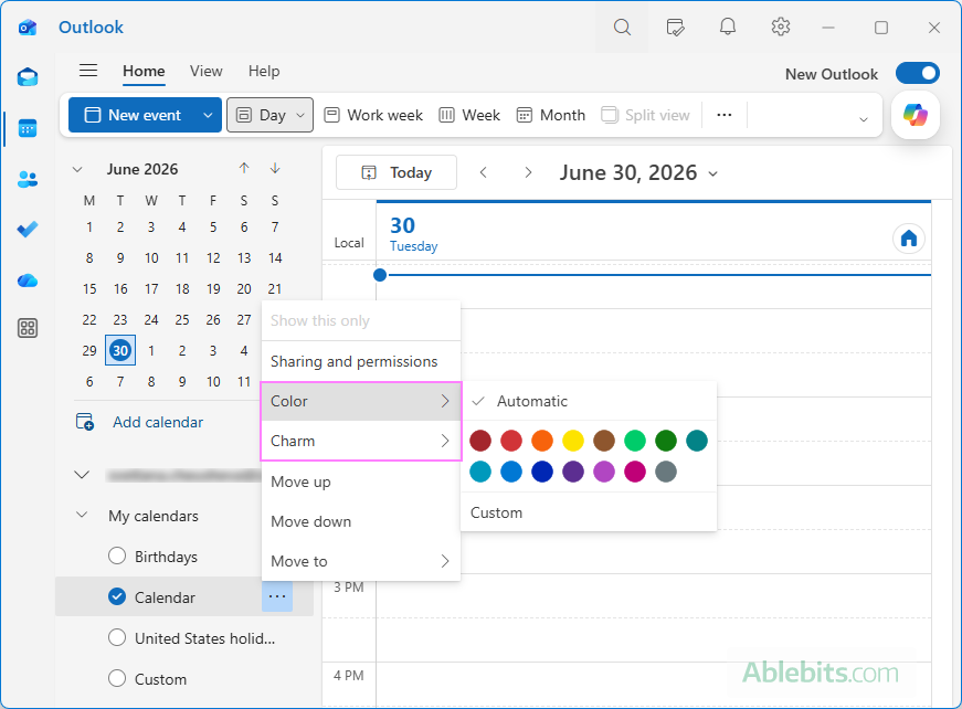 Change a calendar's color and icon in the new Outlook.