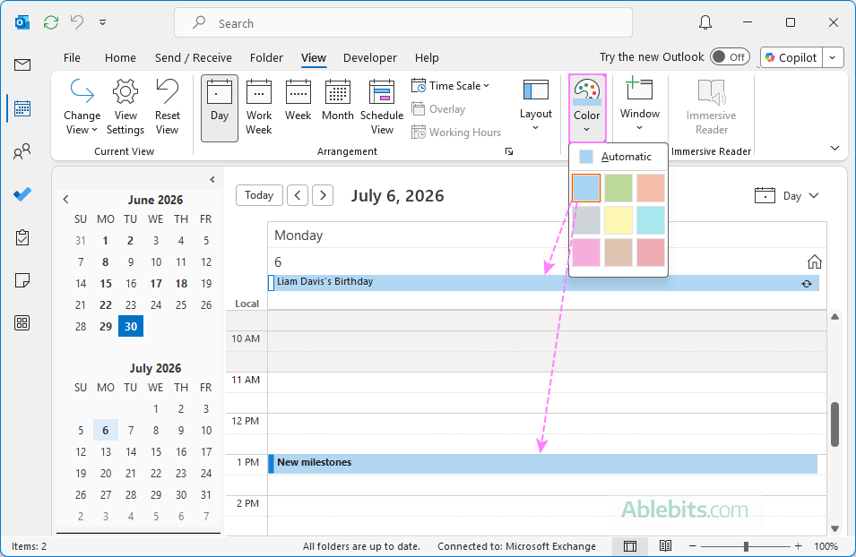 Change the color of the current calendar in classic Outlook.