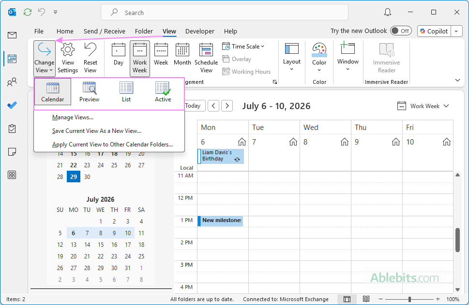 Change a calendar view in Outlook.