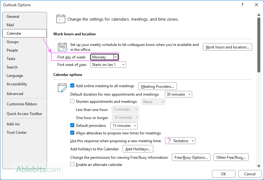 Change the calendar start day in classic Outlook.