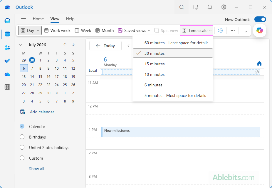 Change the time scale in the Outlook calendar.