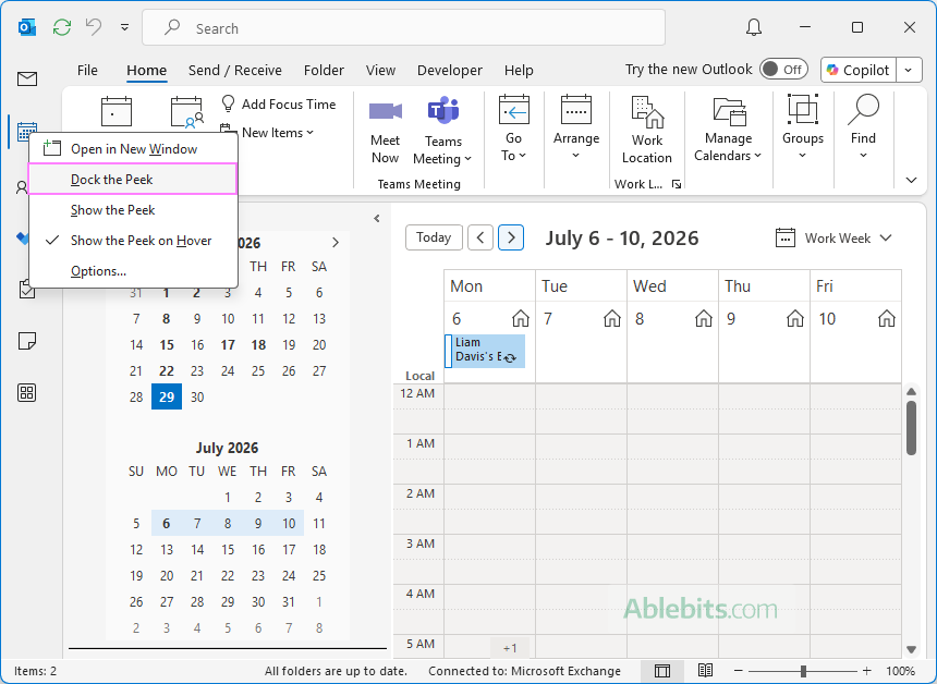 Add the calendar to the right side of classic Outlook.