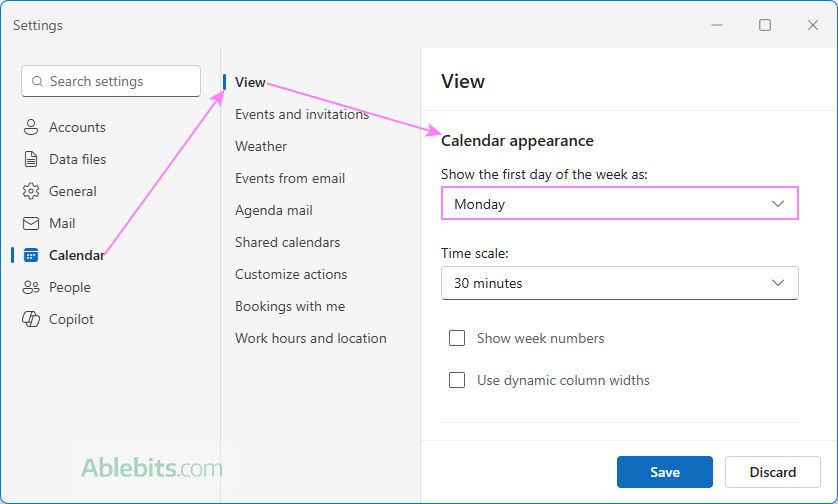 Change the first day of the week in the new Outlook calendar.