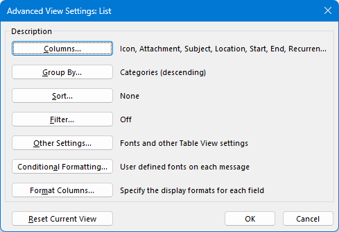 Open the Advanced View Settings dialog for the Outlook calendar.