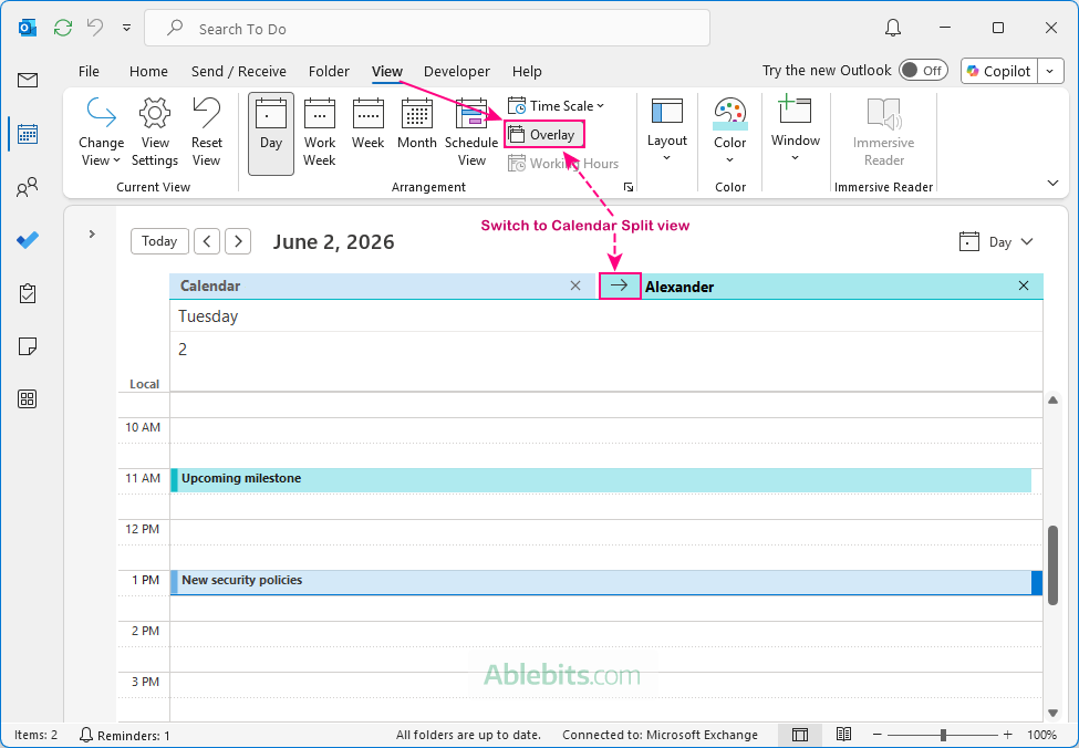 Change Outlook calendar from Overlay view to Split view.