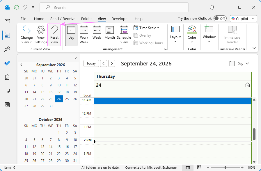 Reset calendar view in Outlook.